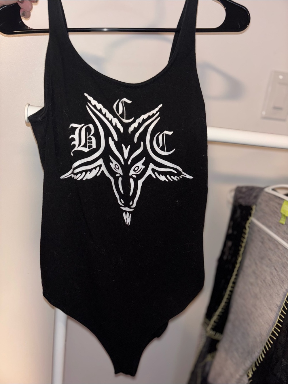 Black Craft Cult Tank Bodysuit with White Goat Motif (baphomet)